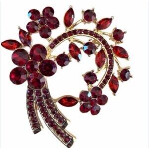 Ann Klein red crystal stone gold tone floral bouquet large pin brooch EUC